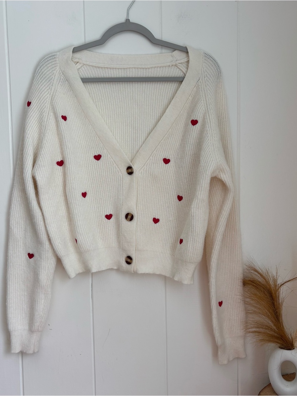 Ivory Heart-Embroidered V-Neck Cardigan